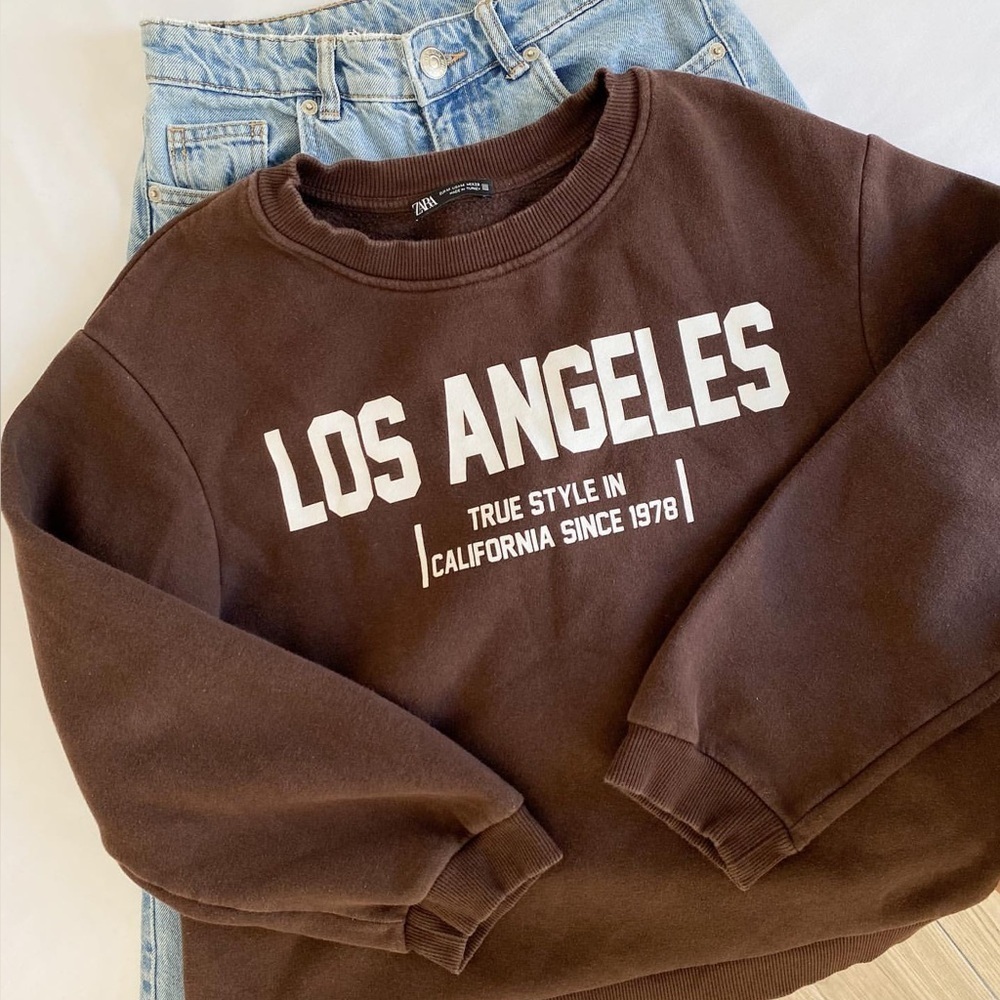 Zara Brown Crew Neck Sweater with Los Angeles Print